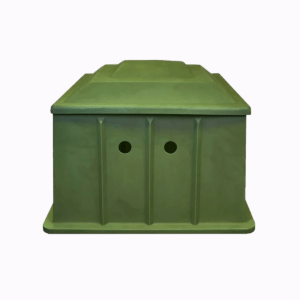 Plastic pool filter boxes in tan, green or grey for protecting pool pumps and filtration equipment.