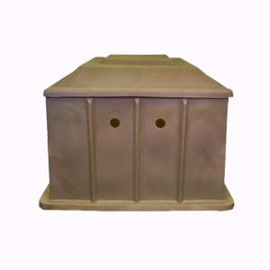 Plastic pool filter boxes in tan, green or grey for protecting pool pumps and filtration equipment.