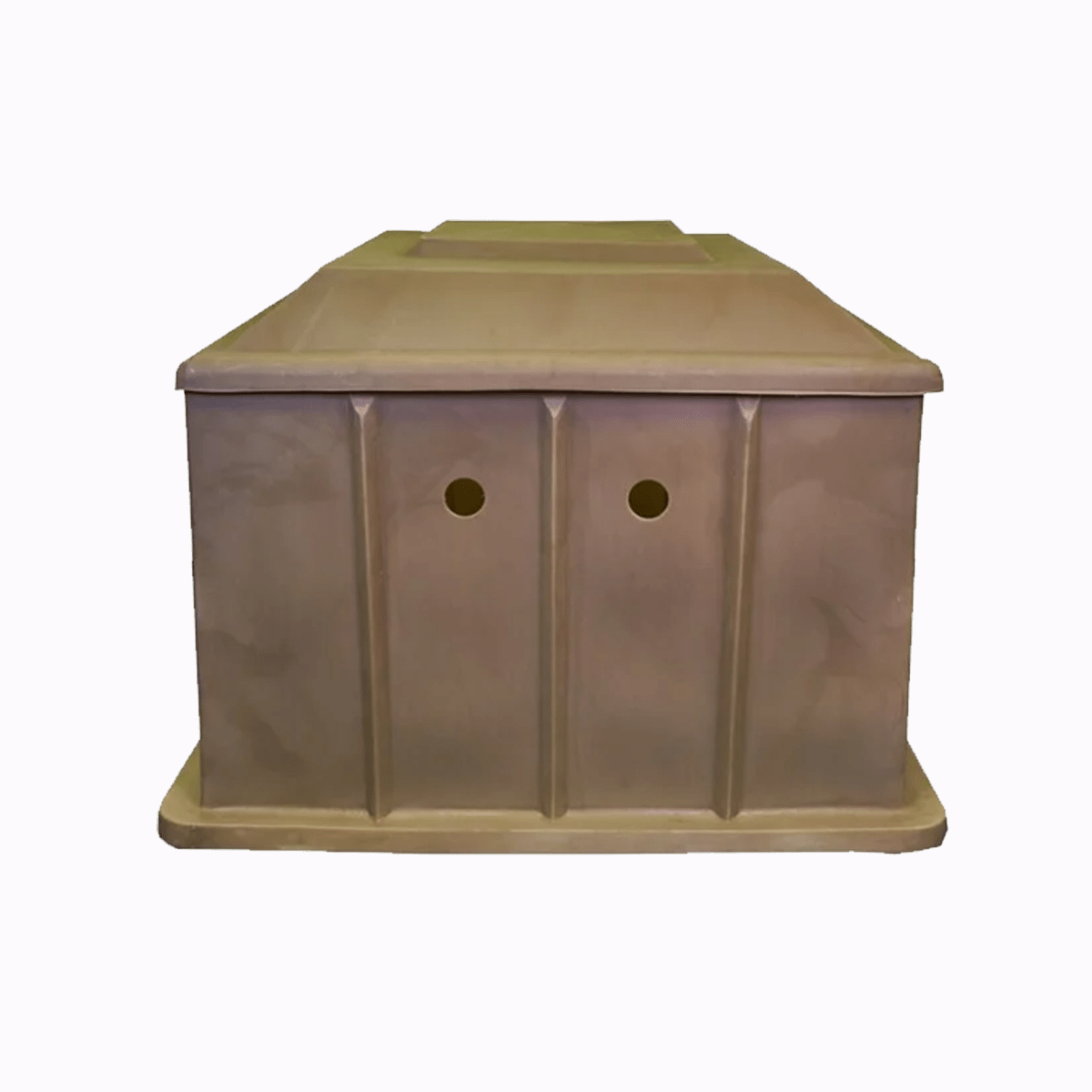 Plastic pool filter boxes in tan, green or grey for protecting pool pumps and filtration equipment.