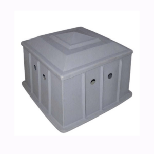 Plastic pool filter boxes in tan, green or grey for protecting pool pumps and filtration equipment.